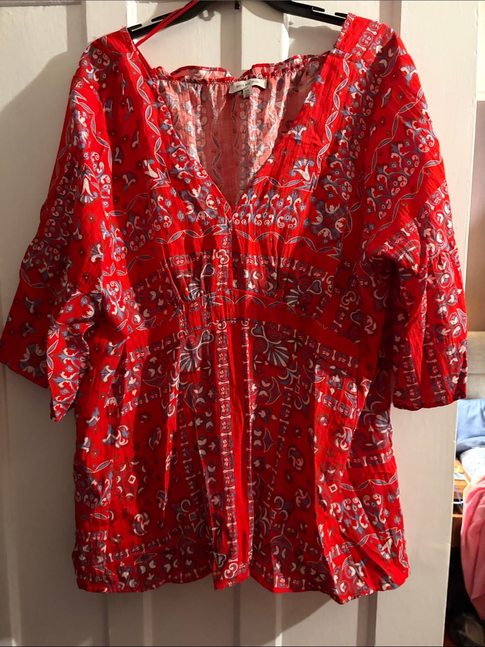 Skies Are Blue Red Paisley Peasant Blouse